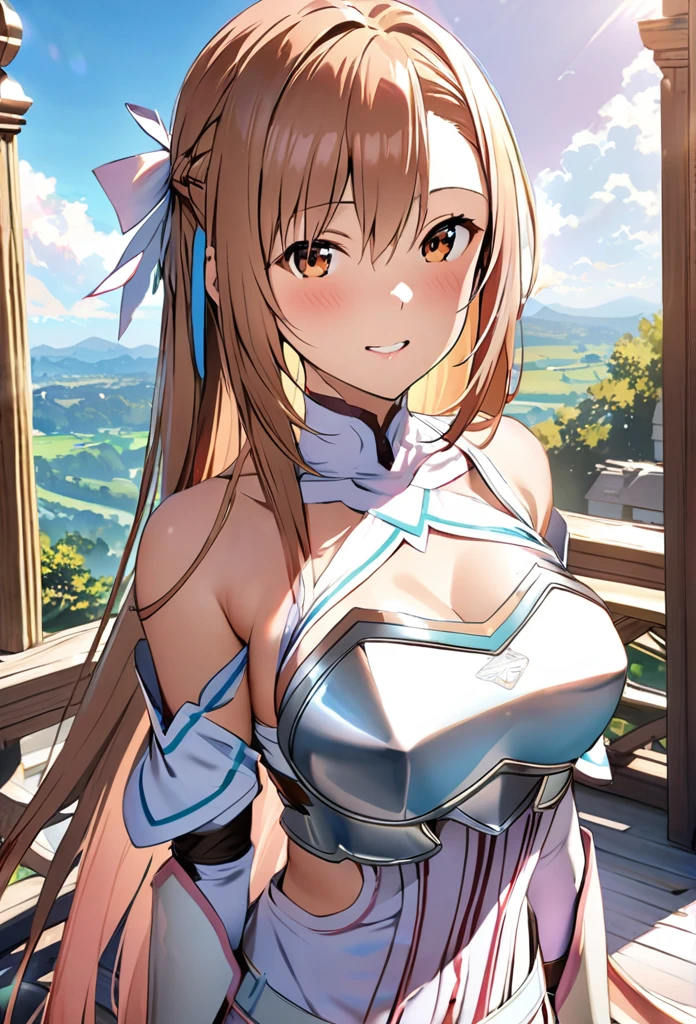 ((masterpiece)), Highest quality, Very detailed,(One Girl),Yuki Asuna、Asuna (stay), brown eyes, bare shoulders, breastplate, armor, detached sleeves, gloves, white gloves, dress, (red and white dress), Long Hair, Beautiful background ,Clothing,  chest, 