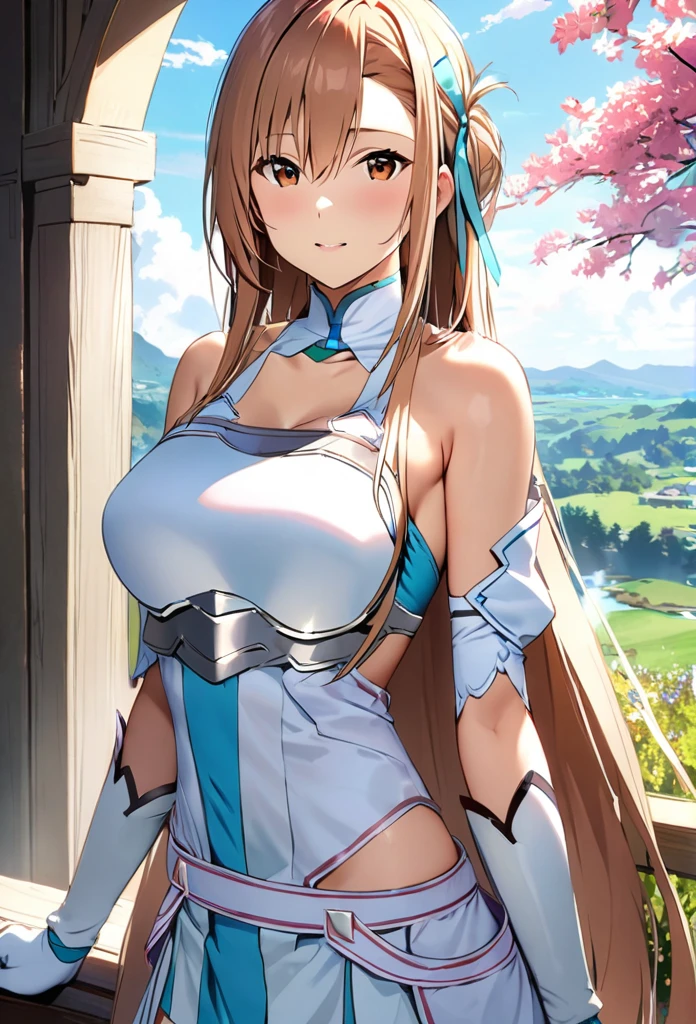 ((masterpiece)), Highest quality, Very detailed,(One Girl),Yuki Asuna、Asuna (stay), brown eyes, bare shoulders, breastplate, armor, detached sleeves, gloves, white gloves, dress, (red and white dress), Long Hair, Beautiful background ,Clothing,  chest, 