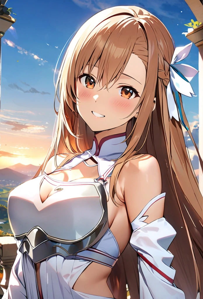 ((masterpiece)), Highest quality, Very detailed,(One Girl),Yuki Asuna、Asuna (stay), brown eyes, bare shoulders, breastplate, armor, detached sleeves, gloves, white gloves, dress, (red and white dress), Long Hair, Beautiful background ,Clothing,  chest, 