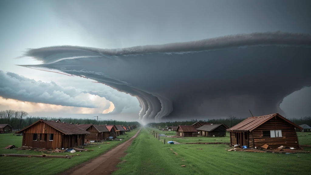 Tornadoes in village, Air,rain, high quality, high resolution, 8k details
