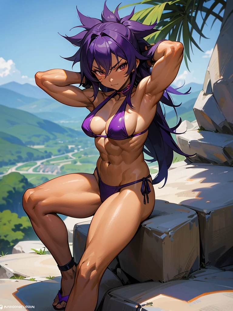 18 year old Yoruichi Shihōin from Bleach with tanned skin in a purple thong bikini flexing her muscles with her hands behind her head so they are not visible to pridefully show off her rock hard abs and sitting on her heels on a mountain ledge, highly detailed