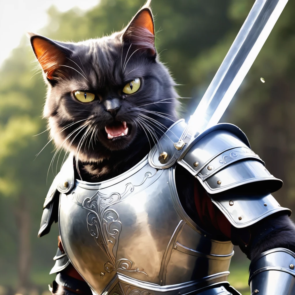 Cat in armor, I have a sword in my hand, Challenge the Fight, Angry face