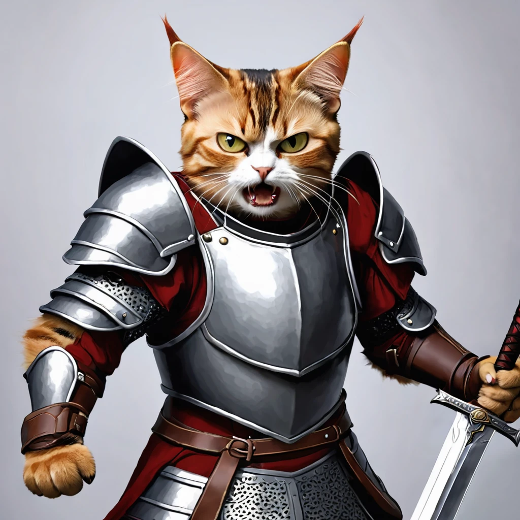 Cat in armor, I have a sword in my hand, Challenge the Fight, Angry face