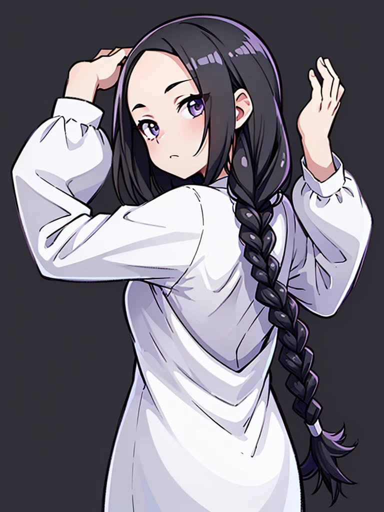 ((Masterpiece)),(((Best Quality))),(character design sheet, Same character, forehead, side, Back), illustration, 1 girl, black hair color, hits,hairstyle two braids, eyes, environmental change scene, hairstyle fax, Pose Zitai, female, adventure shirt, Star, Charturnbetalora, (simple Background, white Background: 1.3), --6