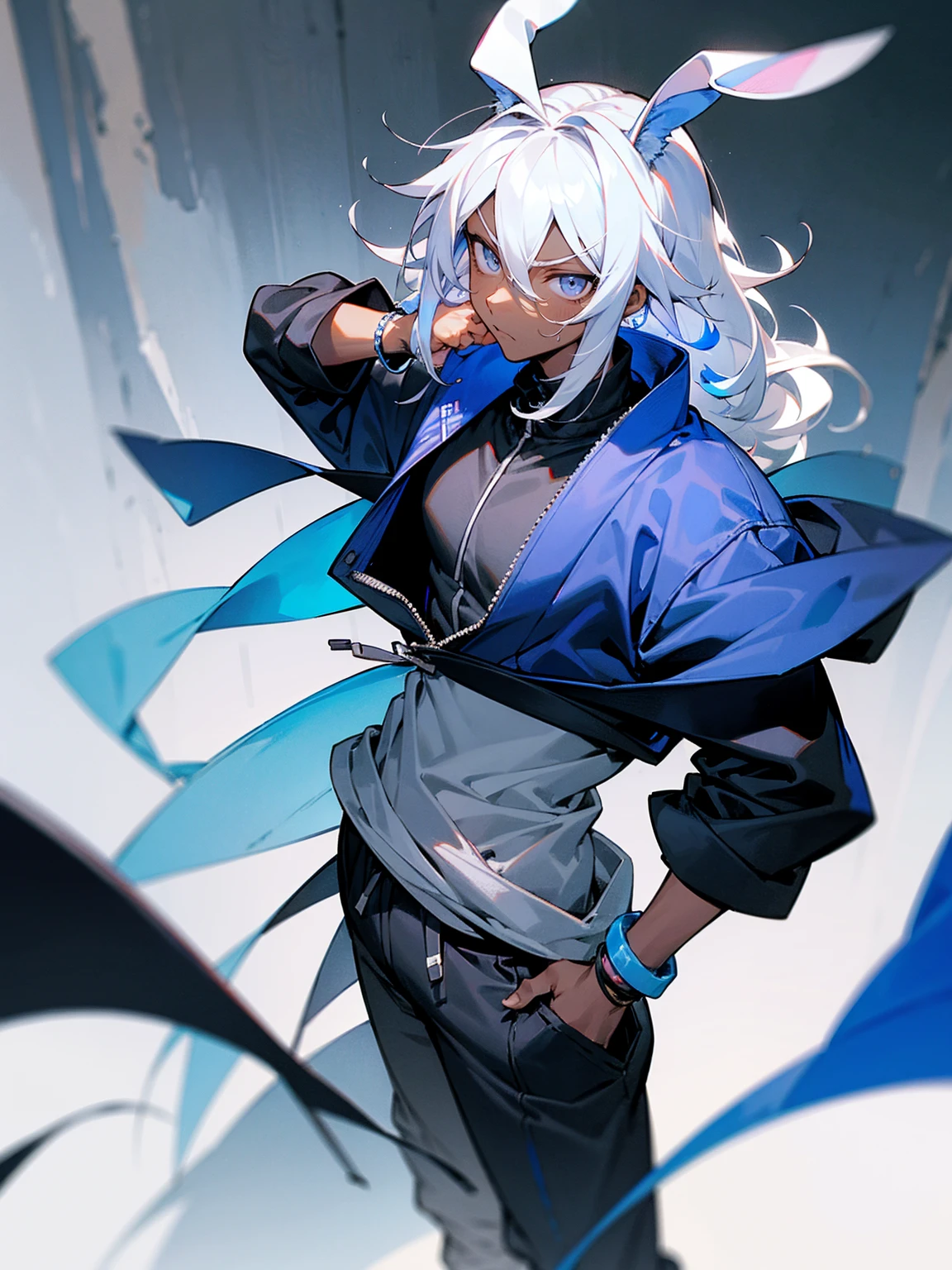 1male, young, dark skin, white hair, wavy middle parted hair, rabbit ears, grey eyes, lean build, black sweatshirt, blue bomber jacket, tied to waist, bracelets, grey sweatpants, Japanese school, serious expression