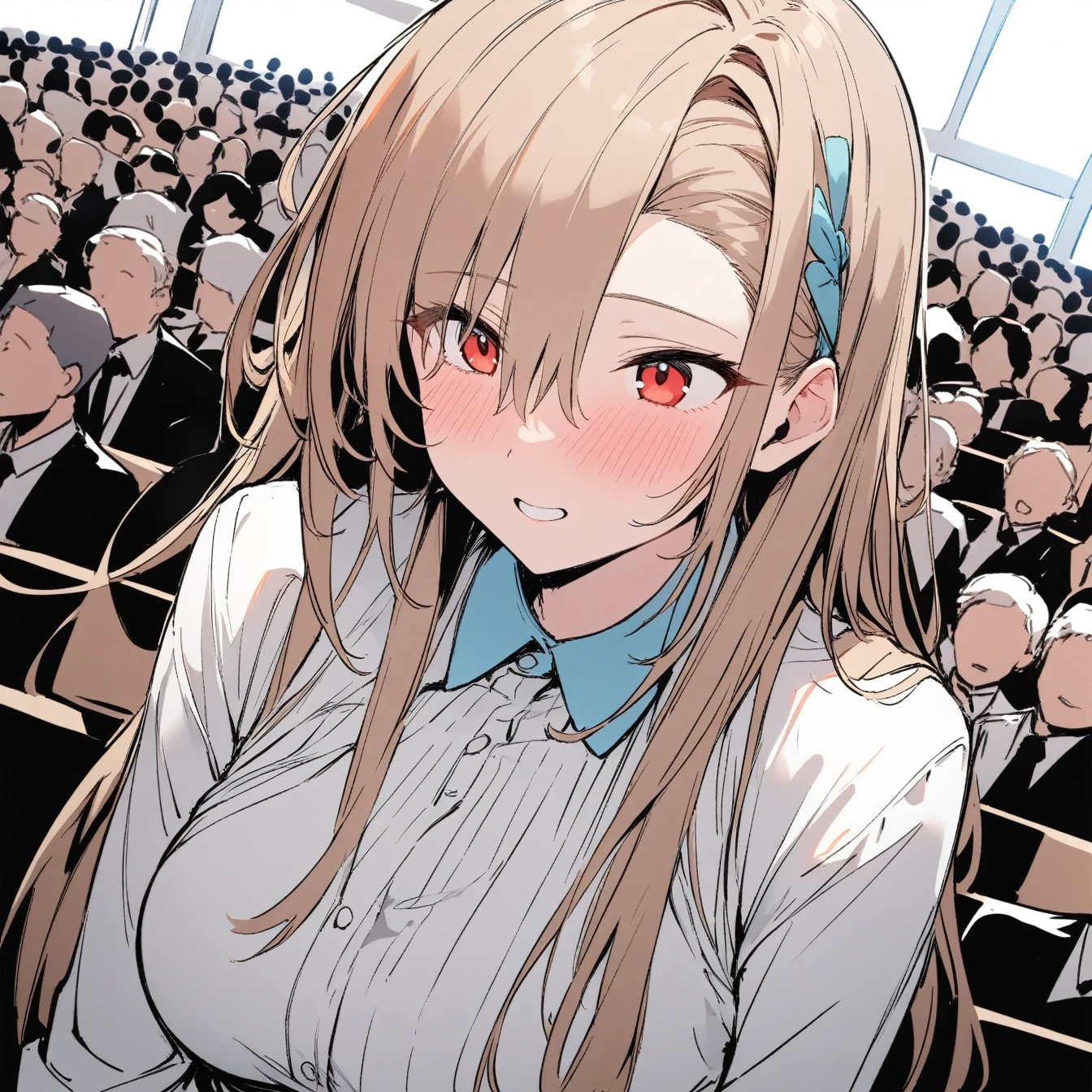 1 girl, Asuna, Asuna,alone, audience, pure white background, blushing, red eyes, breathing, avatar, half body, comic style colorless, angle, masterpiece, best quality,