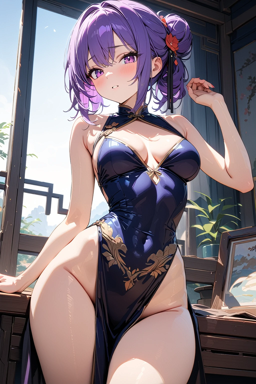 (masterpiece, best quality:1.5), (ultra detailed, high resolution, 8k, beautiful detailed, UHD, best anatomy), 1 cute girl, purple hair, medium breasts, china dress