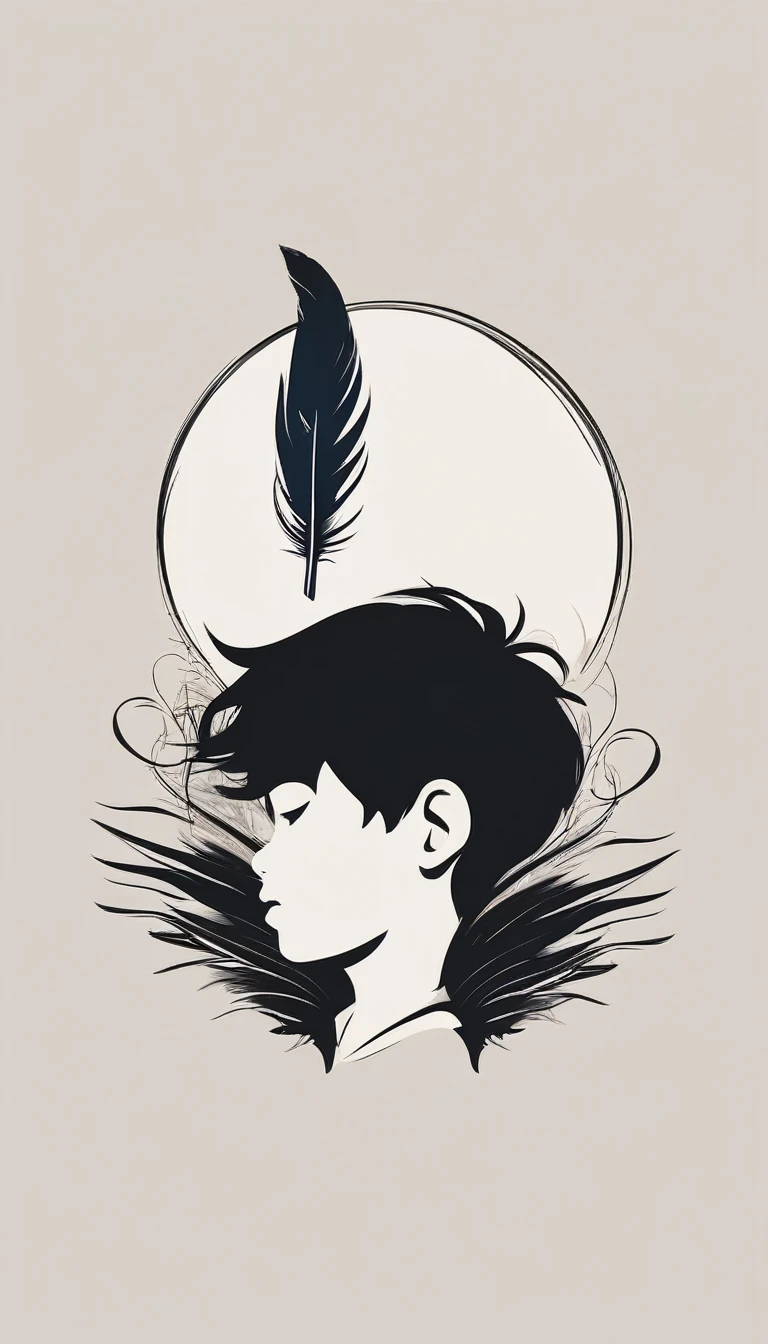 A minimalist, fantastic, poetic, dreamy, captivating, memorable, masterpiece, modern, simple logo design of a boy and a feather for the brand “Penamemoria". The logo must convey a sense of music, stories and dreams. Minimalistic logo design of a boy and a feather.