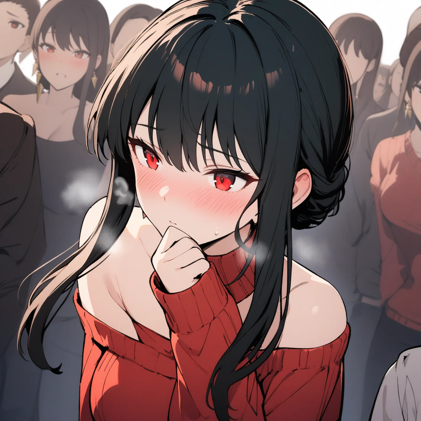 1girl, yorbriar, yor briar,alone, audience, pure white background, blushing, red eyes, breathing, avatar, half body, comic style colorless, angle, masterpiece, best quality, red sweater,bare shoulders