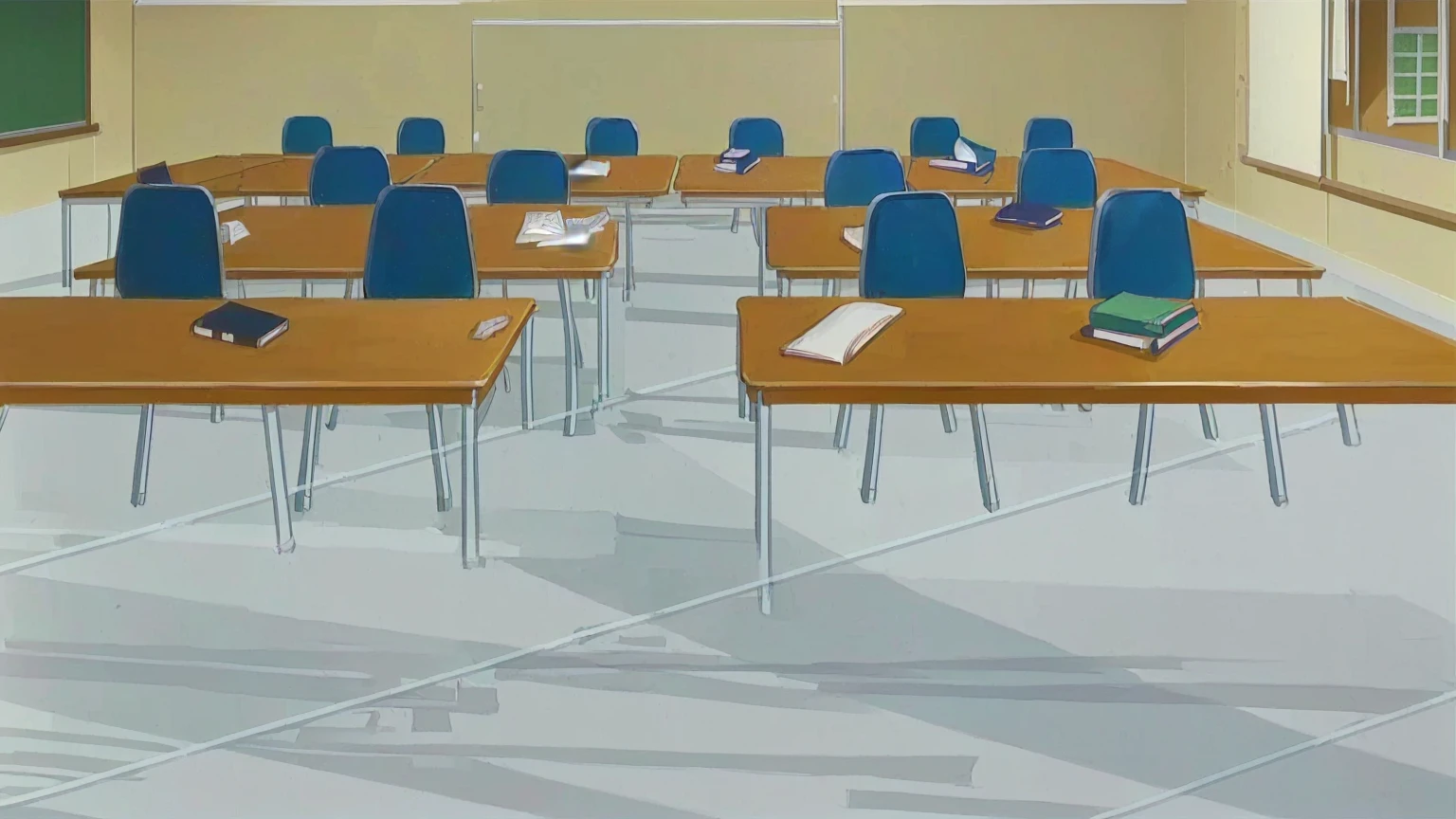 there are many tables and chairs in a classroom with a chalkboard, typical anime classroom, classroom background, classroom, school classroom, sitting in the classroom, by Kobayashi Kiyochika, in a classroom, painted in anime painter studio, painting of a room, interior background art, anime background art, classroom in background, style of madhouse studio anime