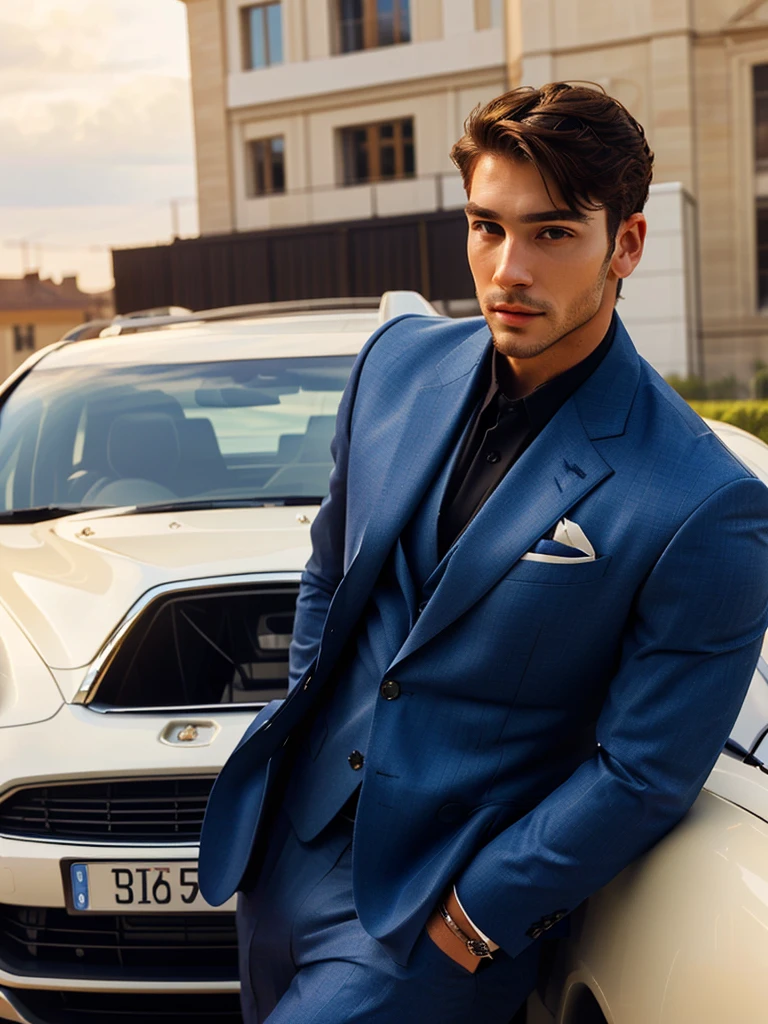 a close up of a man in a It lasts standing next to a car, handsome and elegant, wearing a stylish men's It lasts, masculine and handsome, wearing dark blue It lasts, attractive male haute couture, handsome and attractive, stylish It lasts, Handsome man, It lasts , Perfect face, dressed in a It lasts, luxurious It lasts, well dressed, Sophisticated and well-rounded face, elegant It lasts
