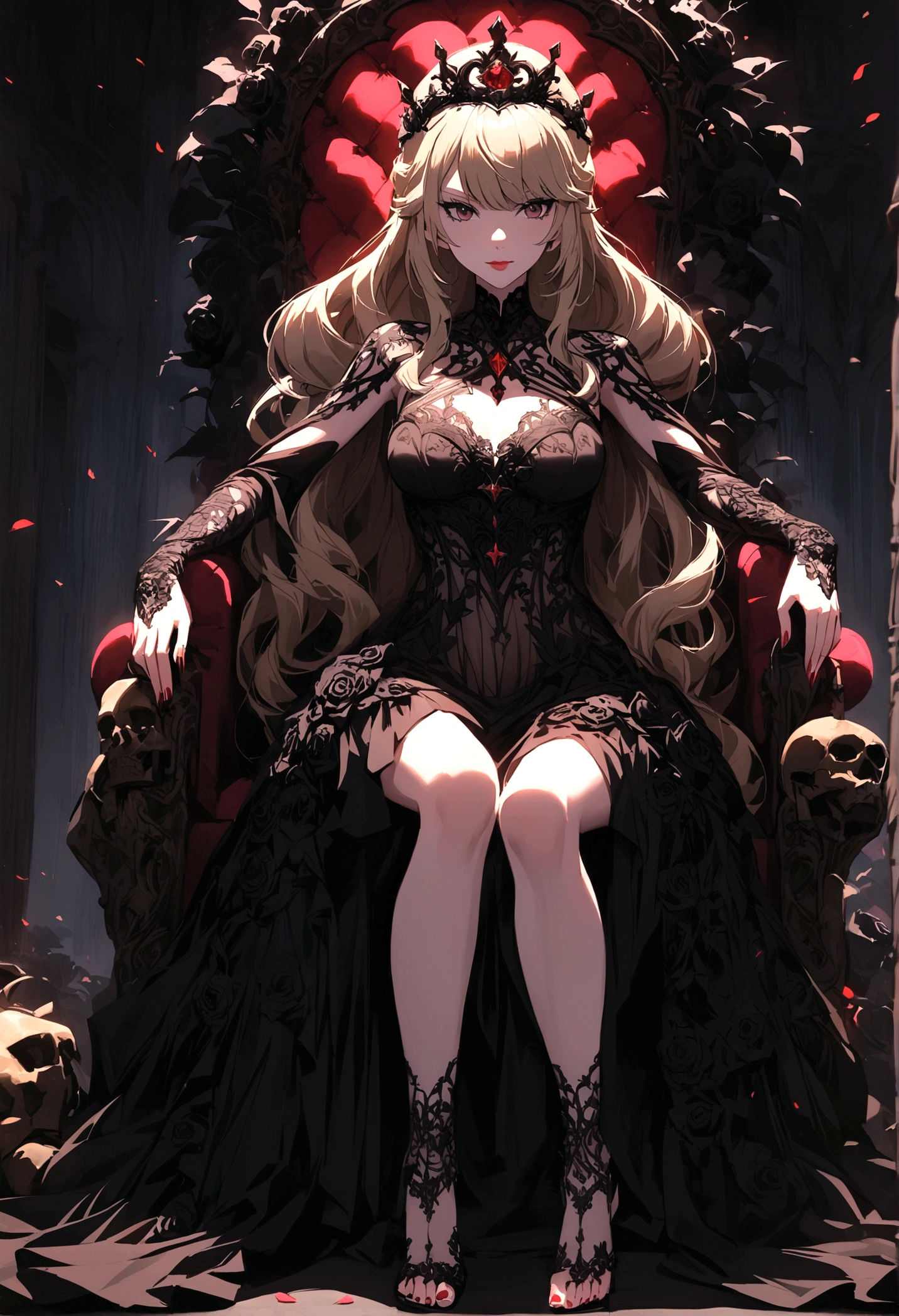Queen of evil (Taylor Swift, sheer black intricate dress, black roses at her feet) sits upon her throne. Her evil minios await commands