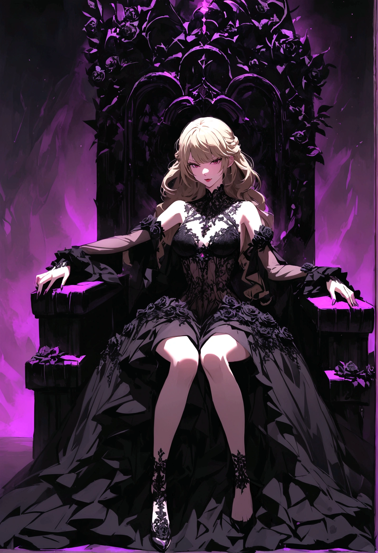 Queen of evil (Taylor Swift, sheer black intricate dress, black roses at her feet) sits upon her throne. Her evil minios await commands