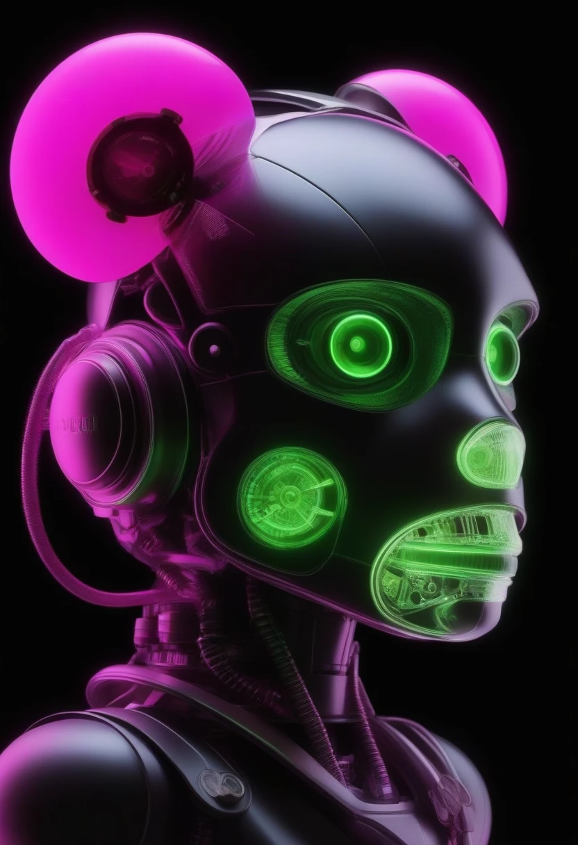 niji 6 prompt: Change the prompt word according to the animal you want
he front part of the robot monkey's head has an extremely precise mechanical structure. It comes with illustrations and X-ray renderings. It was created by Nick Vesey. The images look very ethereal, embodying the beauty of technology and art. Barbie pink and neon green, black background，A little more like a monkey