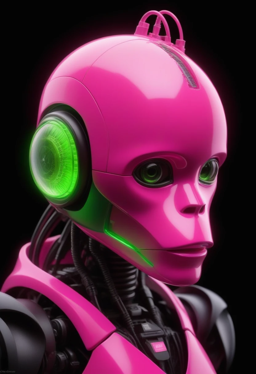 niji 6 prompt: Change the prompt word according to the animal you want
he front part of the robot monkey's head has an extremely precise mechanical structure. It comes with illustrations and X-ray renderings. It was created by Nick Vesey. The images look very ethereal, embodying the beauty of technology and art. Barbie pink and neon green, black background，A little more like a monkey