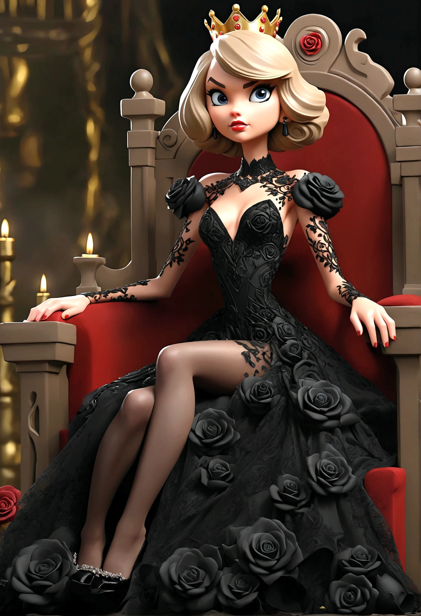 Queen of evil (Taylor Swift, sheer black intricate dress, black roses at her feet) sits upon her throne. Her evil minios await commands
