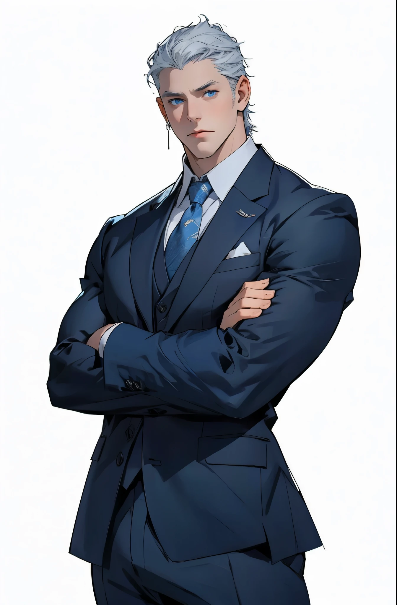 Drawing of a young Chad, Dark blue suit,tie, White shirt,Pants, Looking at the camera, male,Silver short hair,Blue Eyeuscle,bodyguard,Light and Shadow