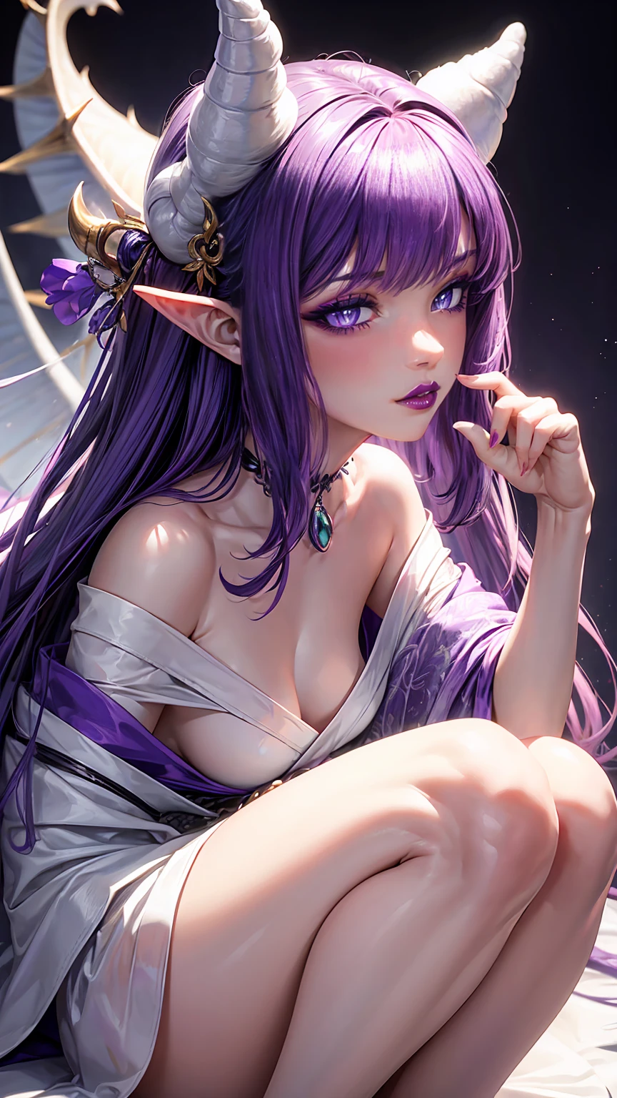 16K, Ultra High Definition, Super detailed, Shiny detailed hair, detailed face, fantasy landscape, solo, looking at viewer, close-up shot, {{best quality}}, {{masterpiece}}, {{ultra-detailed}}, {detailed light}, purple dragon eyes, beautiful lips, black straight hair, long hair, dragon ears, {{purple dragon horns}}, beautiful purple earrings, white kimono with purple details, white futuristic sneakers with purple details, young girl, beautiful, skinny body, white skin, slutty, erotic, suggestive, {{nsfw}}