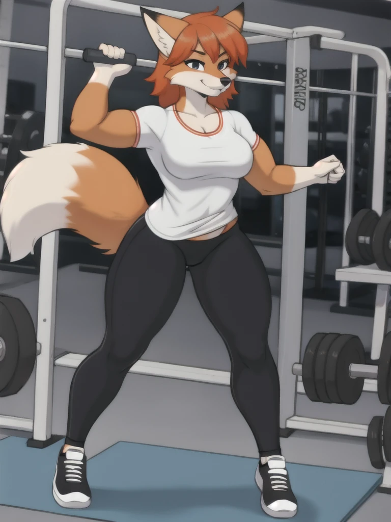 Furry, fox, female, white shirt, black leggings, shoes, gym, teen, full body