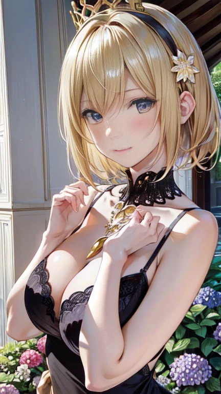 the same,
Depicts only one woman,
Golden Hair,
(Short Hair.05),Ashime,straight,
((Flower Hair Ornaments)),Purple Necklace,
Natural skin texture,Big ,Narrow waist,
(((Black)))One-piece dress,hydrangea pattern,Golden crown,
Neuschwanstein Castle,Germany,
Chaoyang,Outdoor,garden,flower bed,
Slightly larger breasts,expression(Puzzled),Resolute attitude,
Closed Mouth,blush,True Face,upright posture,Squint your eyes,
Natural depiction,
Beautiful depiction,
Shiny eyes,
Healthy Body,
Natural hairstyle,
Natural body contours,
Natural facial contours,
(Five fingers)A clear depiction of,Symmetrical fingers,
Two arms,Two legs,
Sharp eyelid depiction,
Keep the subject in the center,Expand the upper body,
Beautiful image quality,
Delicate shades,
4K,Very detailed,
Delicate light adjustment,
Delicate contour drawing,