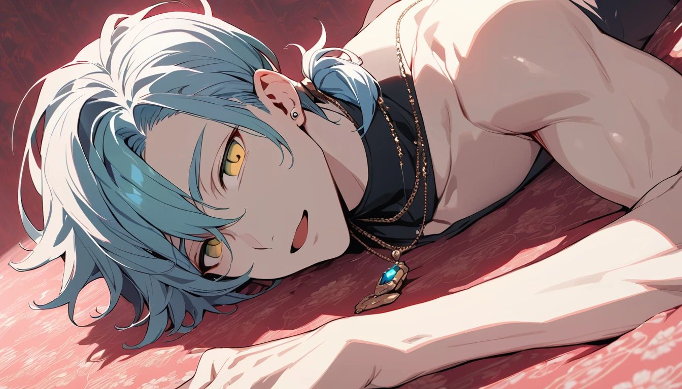 ((((best masterpiece, best quality, wallpaper,)))) solo, guy, male body, small muscles, flat chest, 1male, 30 years old, handsome man, dramatic angle, upper body, looking at viewers, beautiful detailed, Expressionless, lying down, mediumturquoise hair, ((((Lower short ponytail)))), asymmetrical bangs, ((short hair,)) ((( gold eyes, ^o^, tareme, droopy eyes,))) perfect face, extremely detailed eyes, perfect hands, sharp nose, clear face, black turtleneck, grey cardigan, ((silver piercing, pendant,)) leggings, pink background color ultrasharp, 8K, masterpiece,