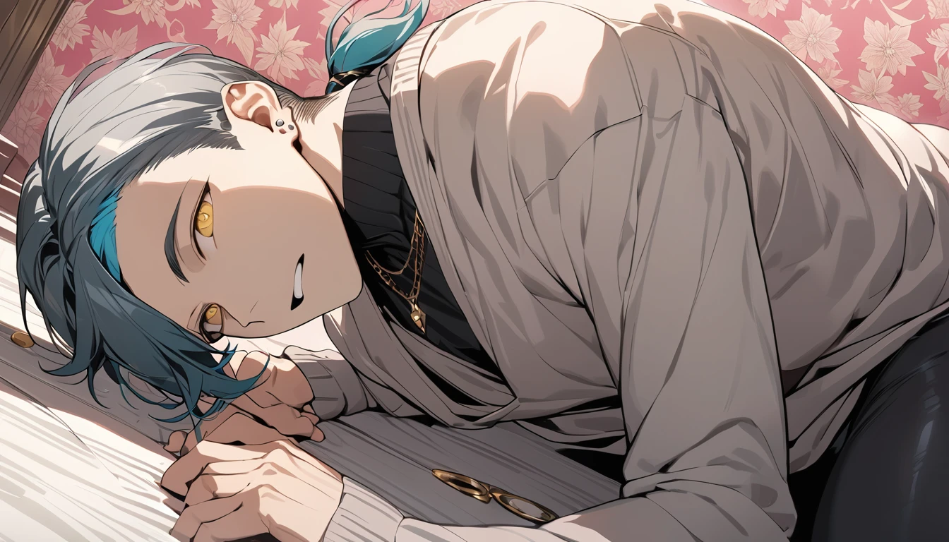 ((((best masterpiece, best quality, wallpaper,)))) solo, guy, male body, small muscles, flat chest, 1male, 30 years old, handsome man, dramatic angle, upper body, looking at viewers, beautiful detailed, Expressionless, lying down, mediumturquoise hair, ((((Lower short ponytail)))), asymmetrical bangs, ((short hair,)) ((( gold eyes, ^o^, tareme, droopy eyes,))) perfect face, extremely detailed eyes, perfect hands, sharp nose, clear face, black turtleneck, grey cardigan, ((silver piercing, pendant,)) leggings, pink background color ultrasharp, 8K, masterpiece,