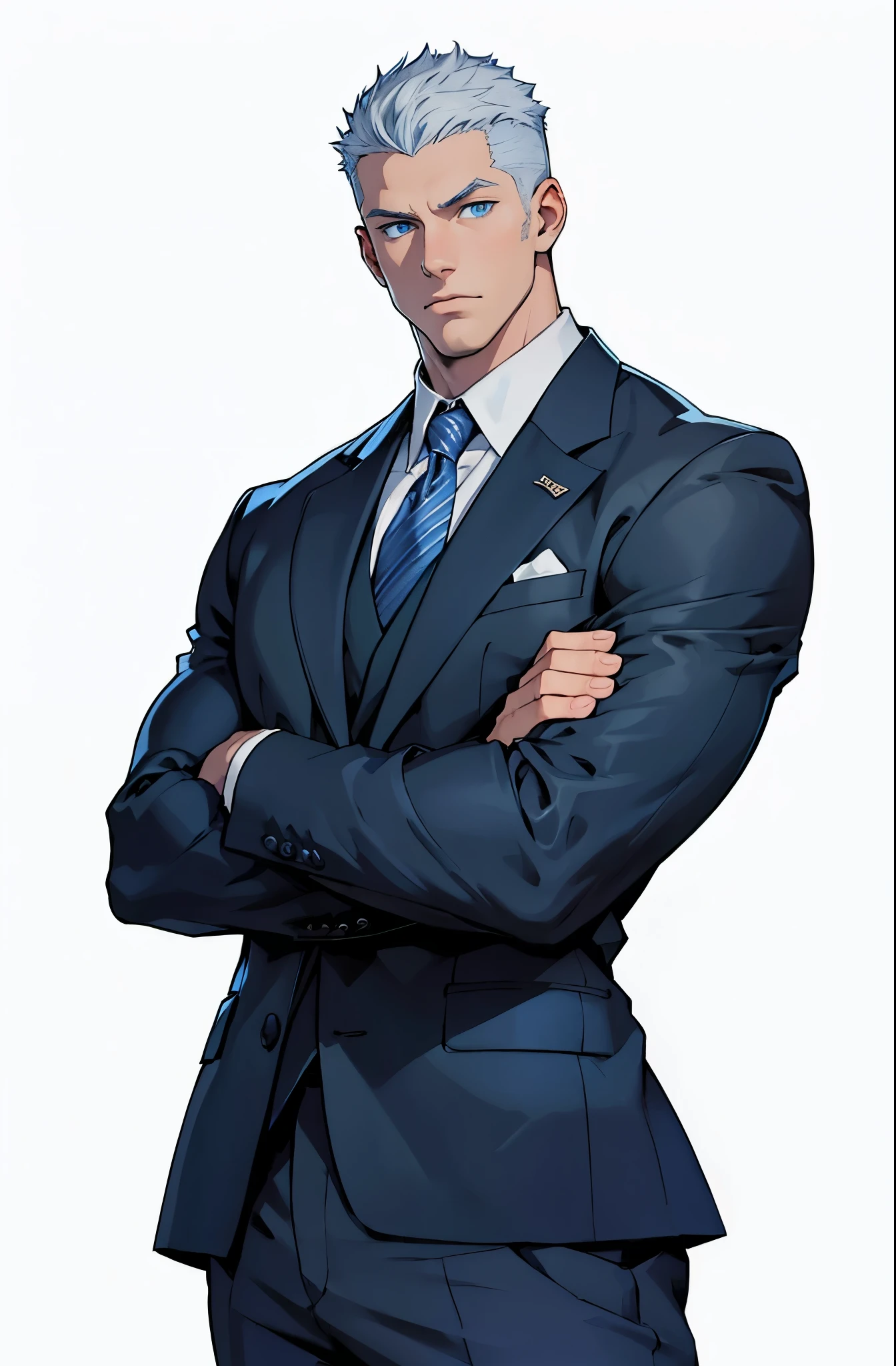 Drawing of a young Chad, Dark blue suit,tie， White shirt，Pants， Looking at the camera, male，Silver short hair，Blue Eyes，muscle，bodyguard,Light and Shadow