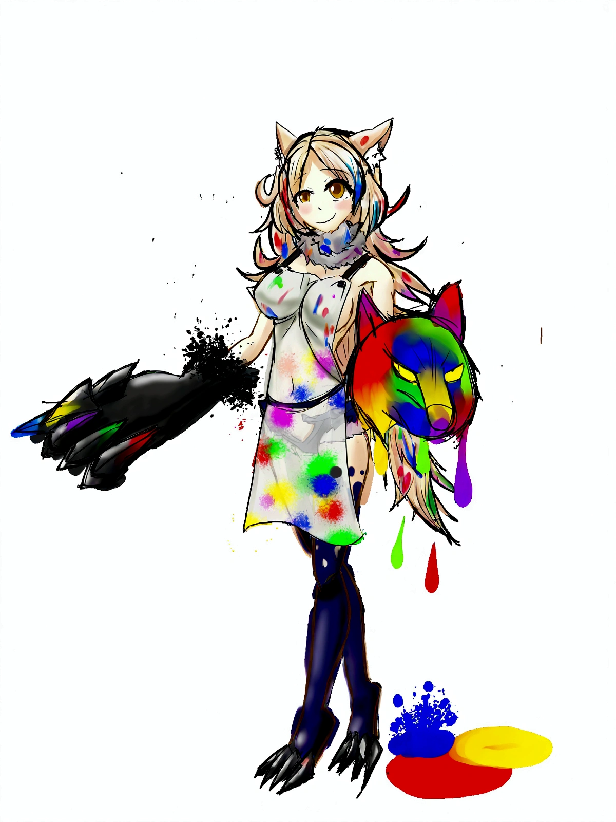 Anime girl with cat tail holding paintbrush and paint can, Farson art, アニメCat girl, female Farson, Farson!!!!, Holo is a wolf girl, Cat girl, Anime Color, Colorful sketch, very beautiful anime Cat girl, Art Nouveau Colors, Full Color, fur art!!!, beautiful アニメCat girl