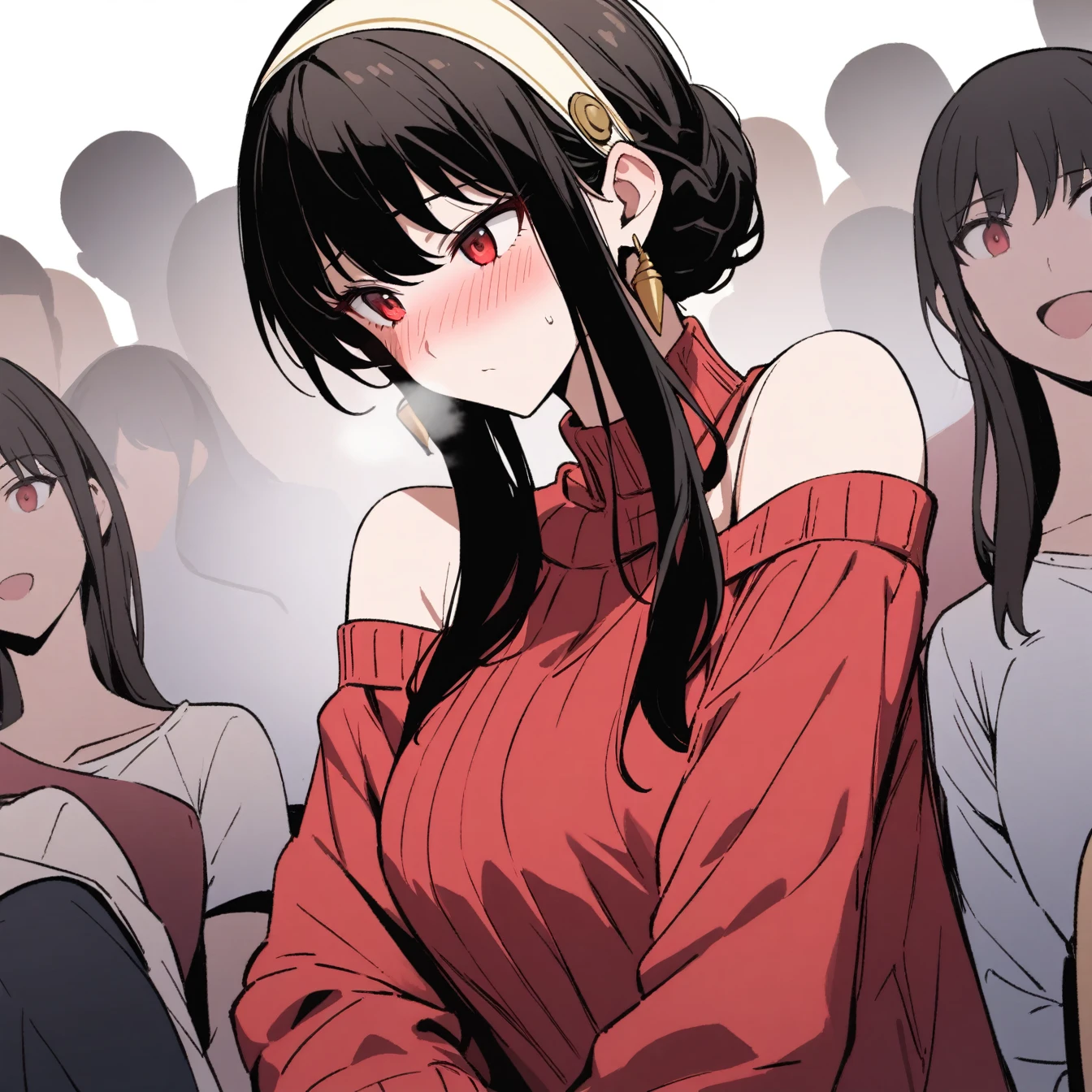 1 girl, yorbriar, yor briar,alone, audience, pure white background, blushing, red eyes, breathing, avatar, half body, comic style colorless, angle, masterpiece, best quality, red sweater,bare shoulders