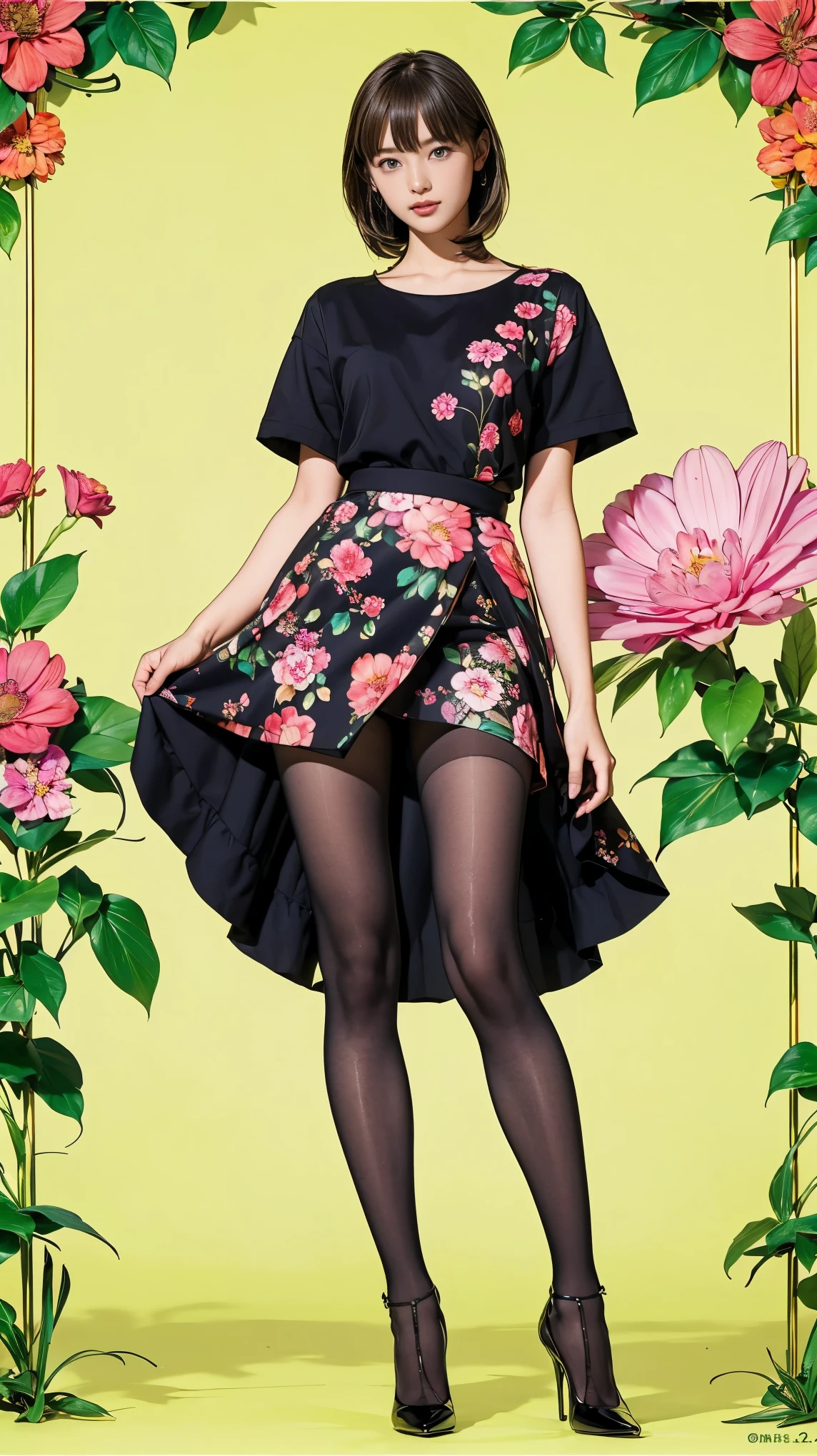 ((masterpiece)),(((Highest quality))),((Character design sheet)),Thin thighs,Long legs,whole body:1.5,(One Girl:1.3),(Black pantyhose and thick pointy heels:1.3),(Wearing a floral and plant patterned mini skirt dress:1.2),Short blonde:1.2、Model pose,Floral and botanical background:1.5,