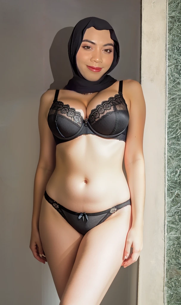 (masterpiece, best quality:1.3, fisheye), extremely high detailed, intricate, 8k, HDR, cinematic lighting, front pov, slim waist, wide hips, narrow face, plump cheeks, big breast, wearing black cotton bra and dolphin short pants, at the garden, malay women wearing hijab, cameltoe focused angle