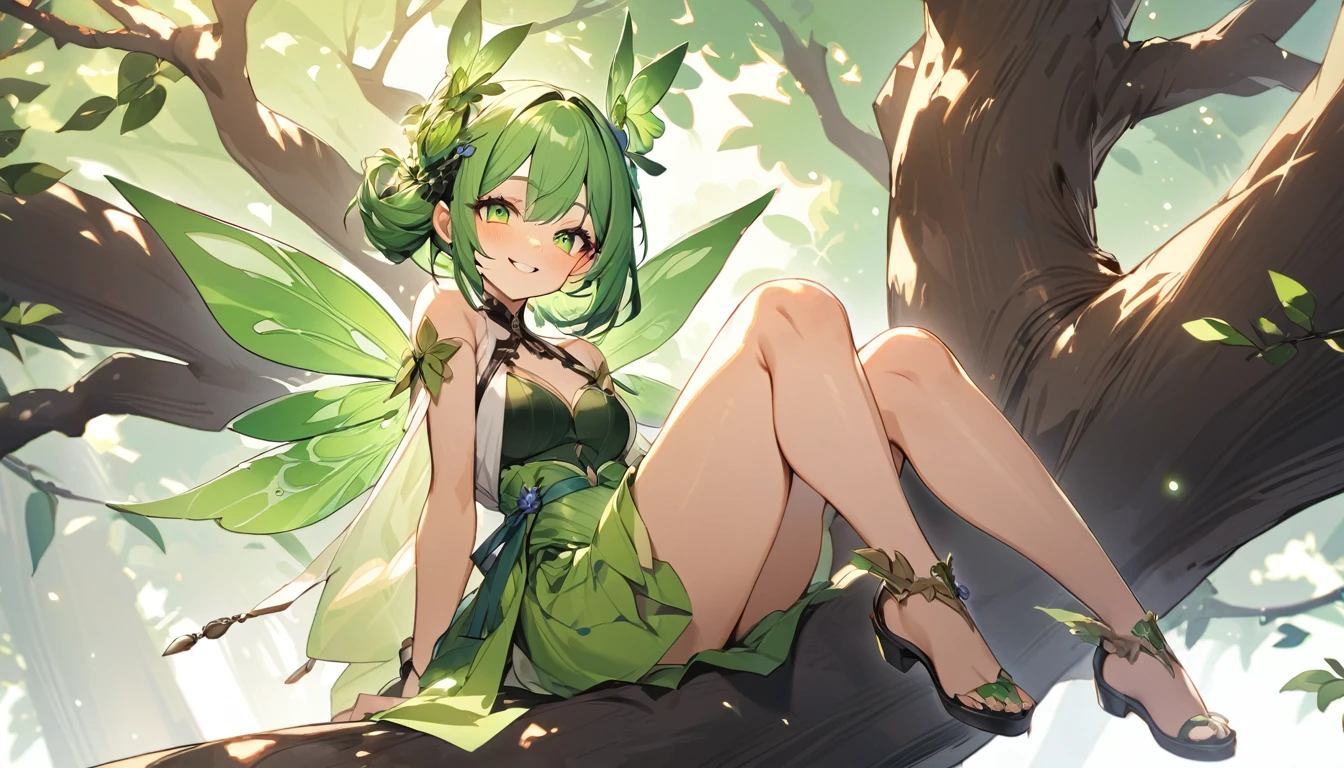 (Highest quality), Green Fairy,smile,Sitting in a tree