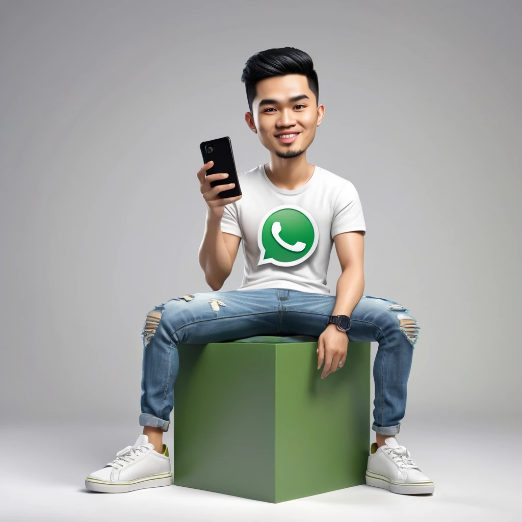 Make a realistic 3D caricature with a big head, a handsome Indonesian young man, 25 years old, short black hair, side parted, white t-shirt, ripped blue jeans, wearing an olive-colored waistbag, olive-colored sneakers, holding a cell phone, facing forward, sitting alone on a realistic green square box with a logo. "WhatsApp" with a solid white background, HD quality images