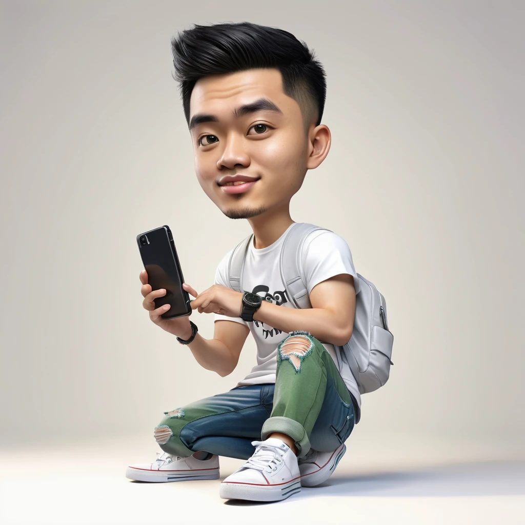 Make a realistic 3D caricature with a big head, a handsome Indonesian young man, 25 years old, short black hair, side parted, white t-shirt, ripped blue jeans, wearing an olive-colored waistbag, olive-colored sneakers, holding a cell phone, facing forward, sitting alone on a realistic green square box with a logo. "WhatsApp" with a solid white background, HD quality images