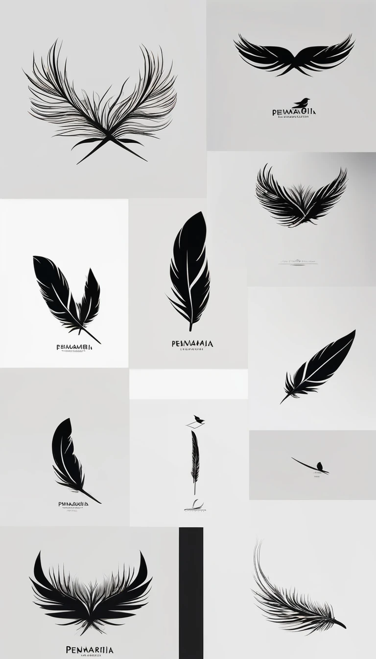 A minimal, modern, simple, cinematic logo design for the brand “Penamemoria". Create a modern, minimalistic, high-quality, logo of a bird feather