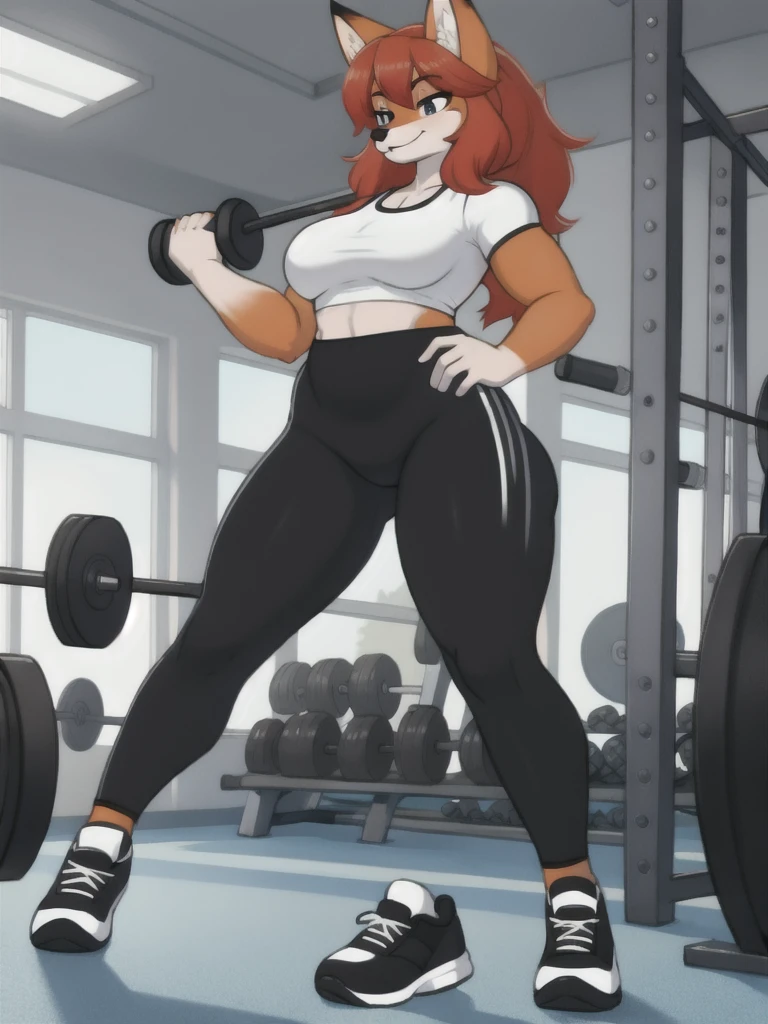 Furry, fox, female, white shirt, black leggings, shoes, gym, teen, full body