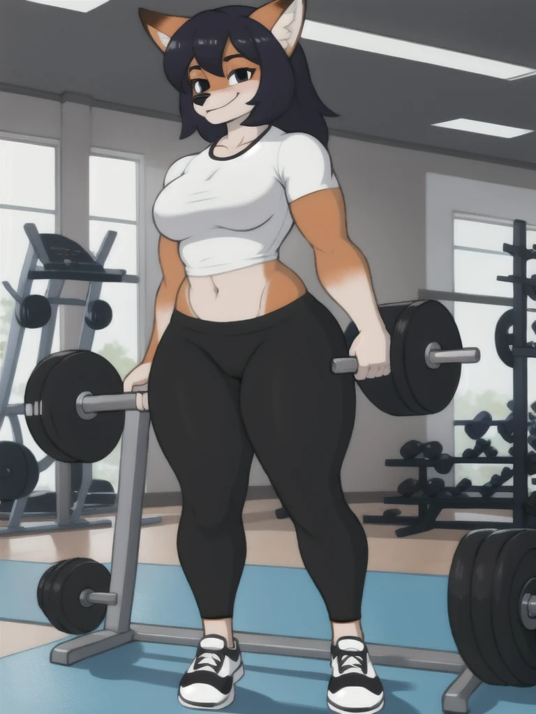 Furry, fox, female, white shirt, black leggings, shoes, gym, , full body