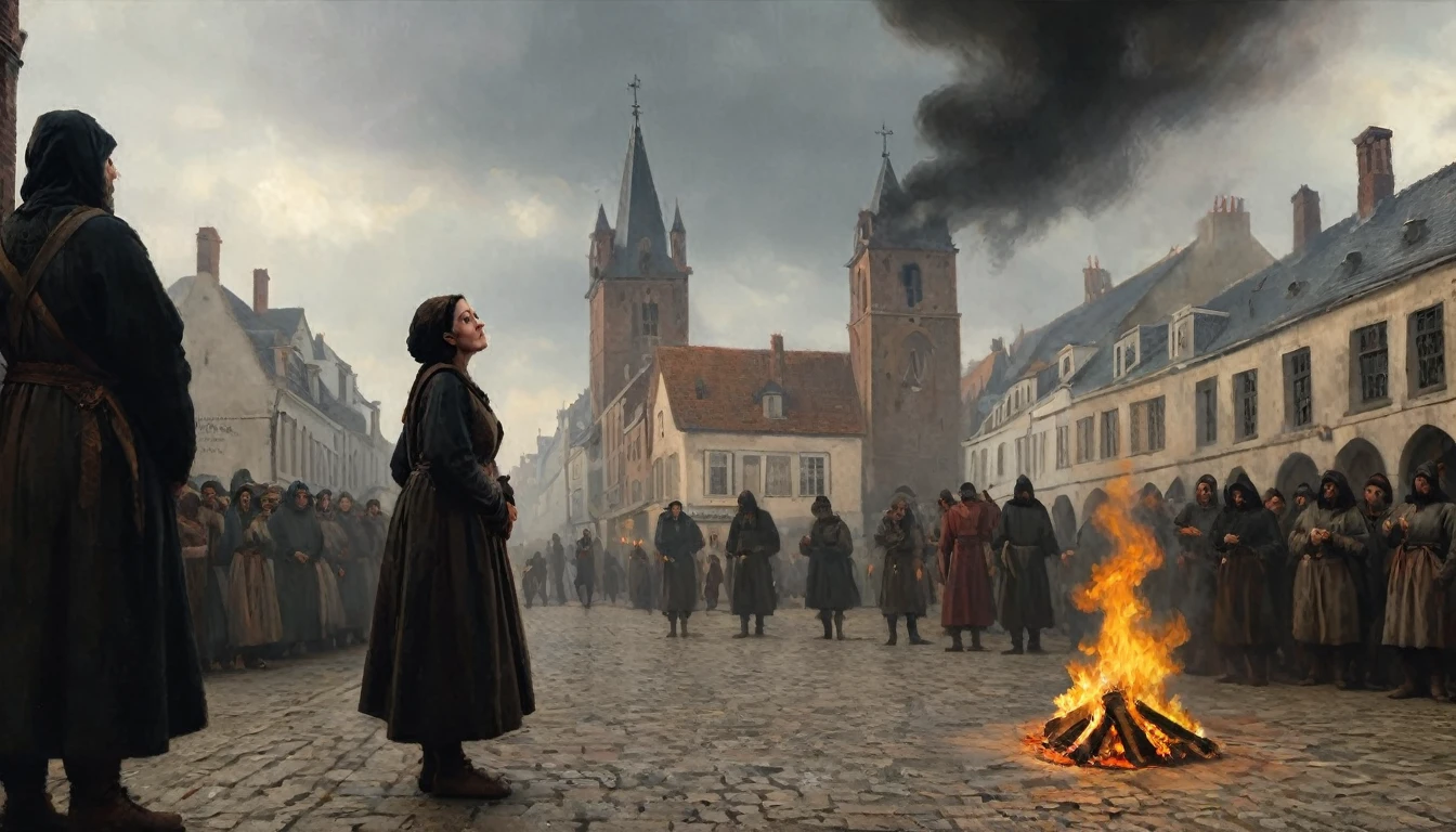 The image shows a dark and dramatic scene with a woman tied to a stake in the center of a medieval square. The woman is dressed in simple clothes and her expression is one of fear and resignation. Flames begin to surround her as smoke rises into the air. Around the bonfire, a group of inquisitors dressed in dark robes and crosses can be seen, as well as a crowd of onlookers with expressions of horror and fascination. The sky is gray and gloomy, with low clouds adding a sense of oppression and tragedy to the scene. Medieval architecture and historical details in clothing and surroundings add to the authenticity and intensity of the moment., Hyperrealism, Impressionism, close-up, dutch angle, UHD, retina, masterpiece, accurate, anatomically correct, textured skin, super detail, award winning, 8k
