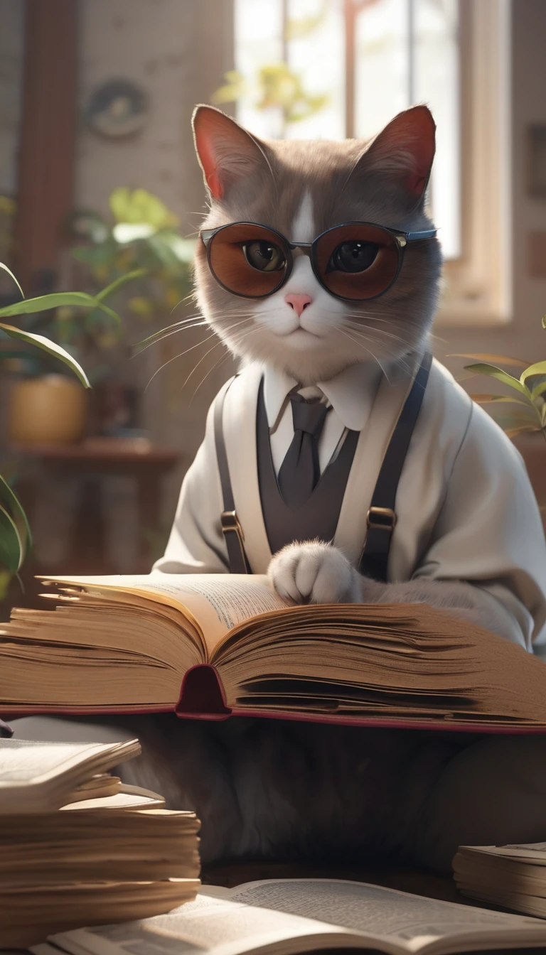 (Highly detailed CG Unity 8k wallpaper、masterpiece、highest quality、Super detailed)、(best lighting、best shadow、very delicate and beautiful)、highest quality、8k、Detailed facial depiction、masterpiece、highest quality、clear image quality、
Anime-style cat is wearing glasses and reading a newspaper。