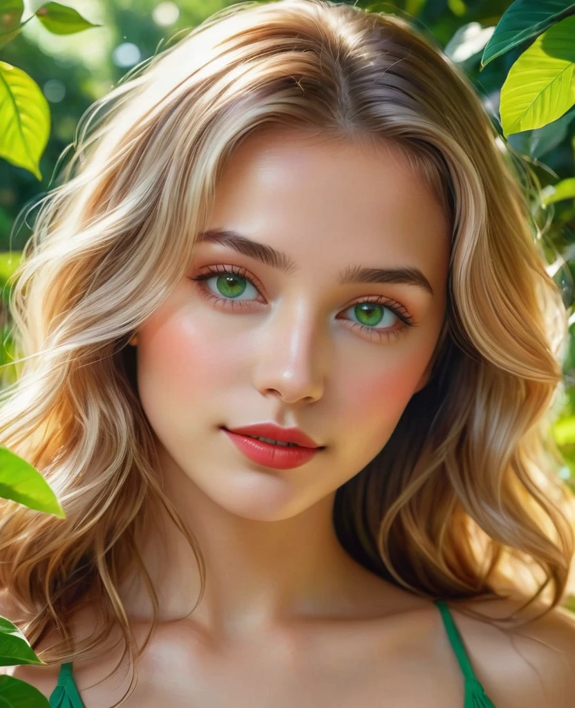 , (top quality, 4k, 8K, a high resolution, masterpiece:1.2), very detailed, (realistic, photorealistic, photo-realistic:1.37), realistic,Portraits, beautiful girl, paintings, soft strokes, Bright colors, garden background, detailed girl eyes (left eyes green, right eyes brown) detailed girl lips, peaceful expression, little red bikini, figure, Tender smile, natural sunlight, lush greenery, Wavy hair, subtle shadows, fine features, captivating look, Sunlight penetrates through the trees, Botanical elements, Floral patterns, sweet connection, Bright and cheerful atmosphere, Innocent charm,  Tender interaction, three-dimensional and realistic presentation, capture the emotional connection between people and nature, positive and emotional emotions, Impeccable attention to detail,carefully composed composition, Subtle highlights and shading, Impressionistic style of painting, ethereal and dreamlike quality, blond hair, 20 years,