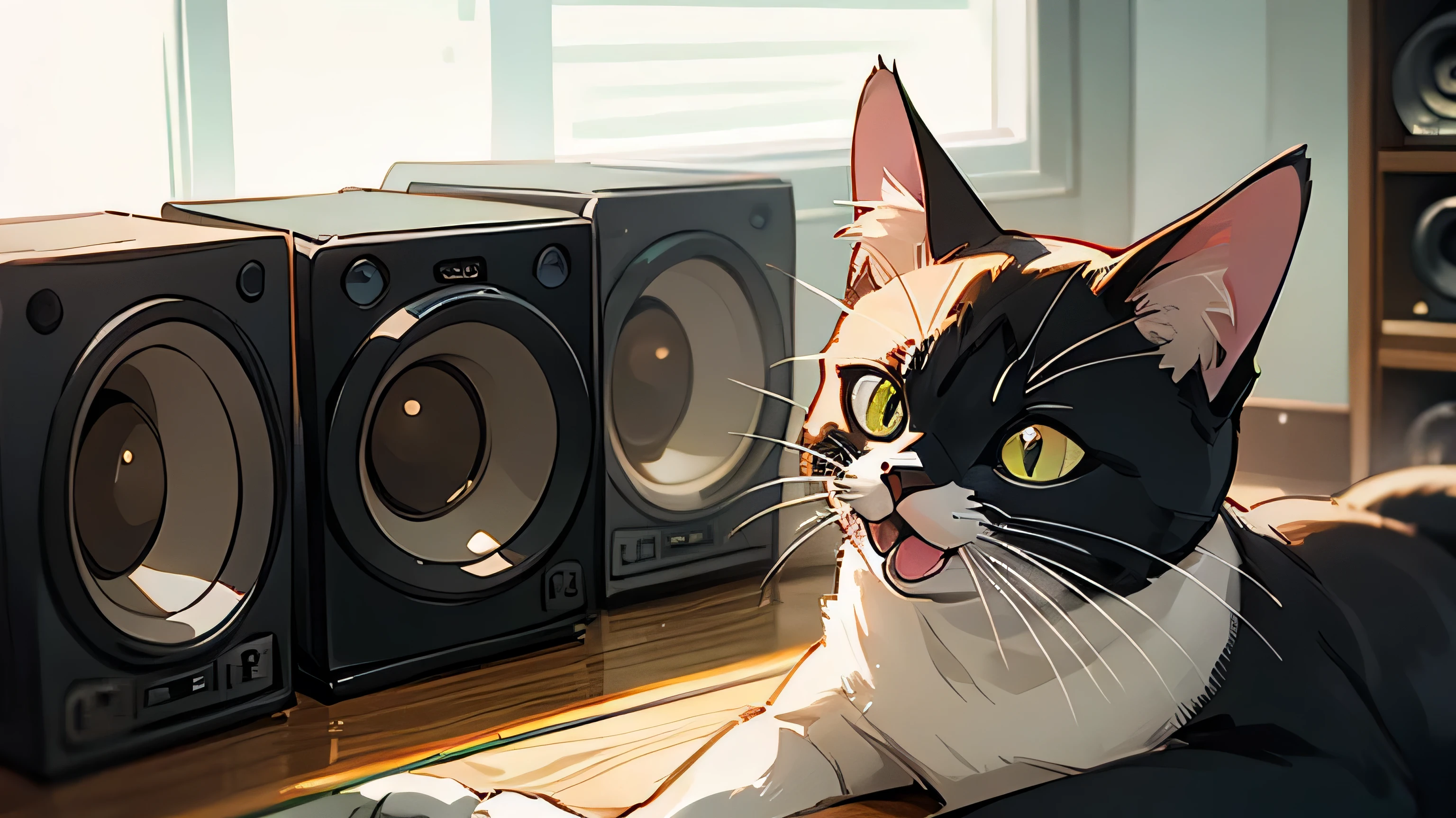 Room with speakers、Real Cat、Upper body close-up、noon、Yawn