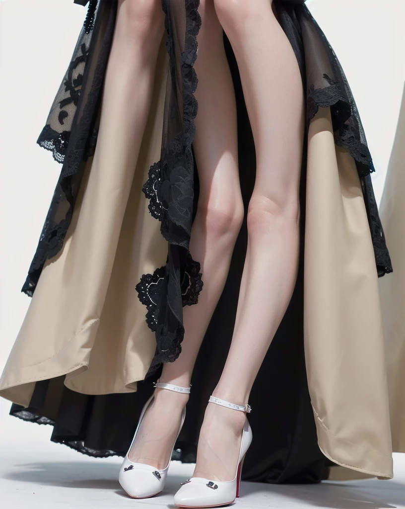 (((masterpiece)), ((best quality)), (ultra-detailed), ((extremely detailed)), 4K, (8K), best quality, CHANEL beige and black pumps with black ribbon, close-up of legs, red carpet, beautiful ankles, ((solid white background)),