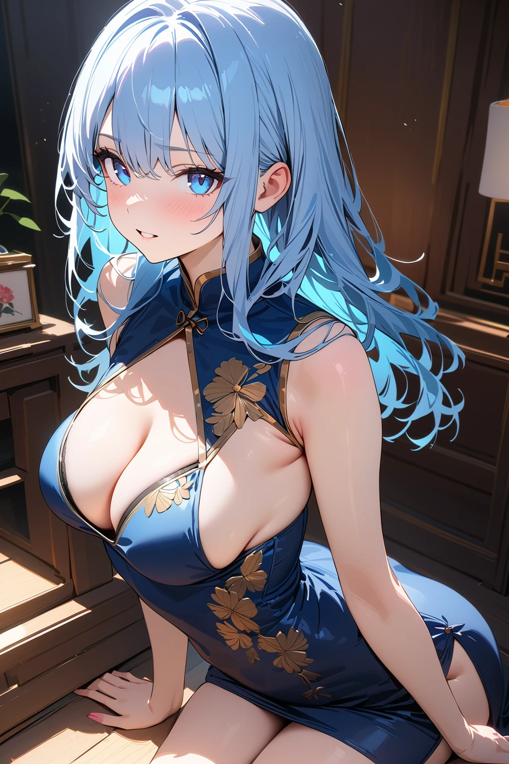 (masterpiece, best quality:1.5), (ultra detailed, high resolution, 8k, beautiful detailed, UHD, best anatomy), 1 cute girl, pale blue hair, medium breasts, china dress