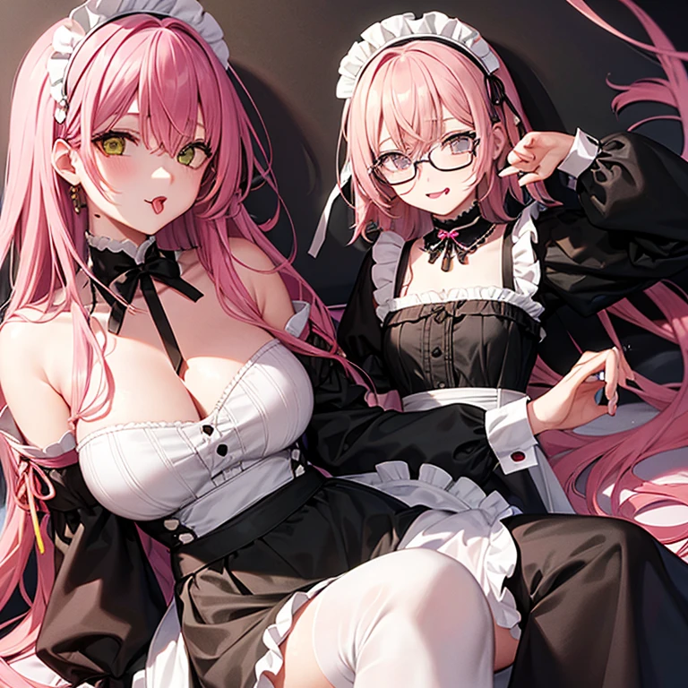 girl、Pink Hair、Yellow inner color、Green Eyes、Black-rimmed glasses、choker、Maid clothes、Have a cigarette、Sticking out tongue、Yandere