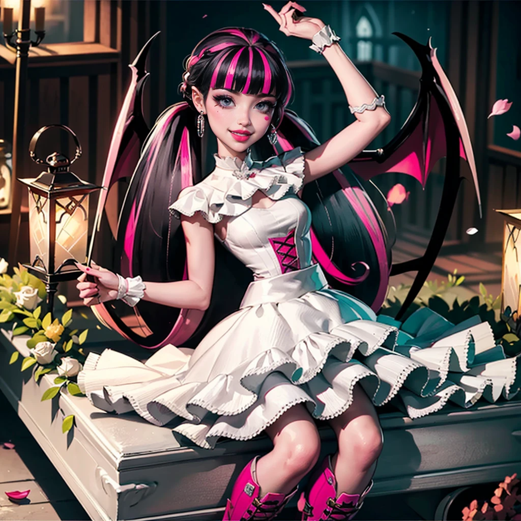((high quality)), ((Work of art)), (more detail), 1girl, succubus, centered, a girl with a bat wings, award winning upper body portrait, solo, alone, cowboy shot, Draculaura_MH, solo, black half hair, pink half hair, multicolored hair, long hair, wave hair, braided hair, chinese hairpin, white shirt, white skirt, pink knee boots, smiling, gothic style, cemetery scenery, gold lanterns, white roses, depth of field, cinematic composition, half black hair, half soft pink hair, wave hair, seat close to a coffin, solo, alone, only one girl, white roses, smile, vampire fangs, gothic dress, bat wings, white dress, white dress with transparency, pink laces, white gloves, white high socks, pink high hills boots, bat jewelry, jewelry, grass, white roses on focus, Draculaura_(monster high), Monster High, looking at the viewer, solo, alone, only one girl, more details on the clothes, petals in the air, two arms, two legs, two hands, five fingers
