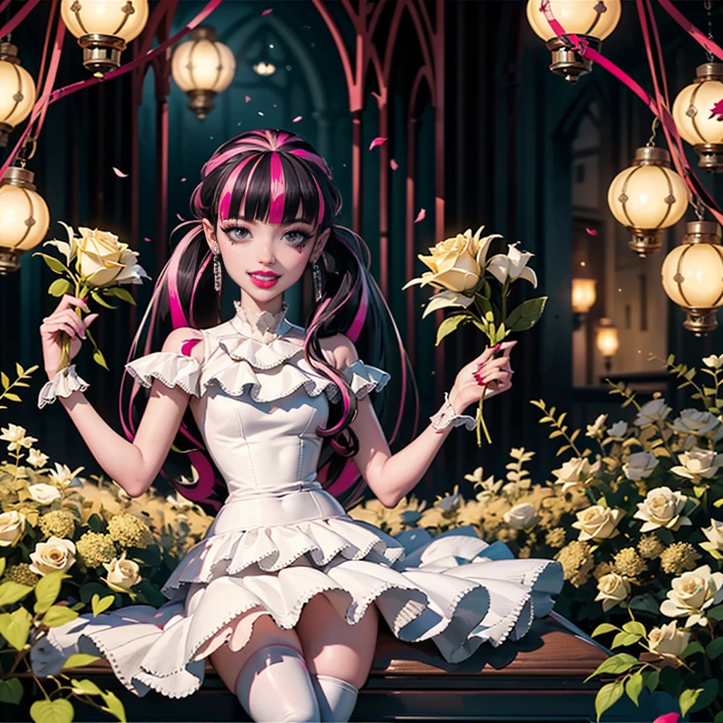 ((high quality)), ((Work of art)), (more detail), 1girl, succubus, centered, a girl with a bat wings, wedding dress, award winning upper body portrait, cowboy shot, Draculaura_MH, solo, black half hair, pink half hair, multicolored hair, long hair, wave hair, braided hair, white shirt, white skirt, pink knee boots, smiling, gothic architecture, cemetery scenery, gold lanterns, white roses, depth of field, cinematic composition, half black hair, half soft pink hair, wave hair, seat close to a coffin, white roses, smile, vampire fangs, wedding dress, bat wings, white dress, white dress with transparency, pink laces, white gloves, white high socks, pink high hills boots, bat jewelry, jewelry, grass, white roses on focus, Draculaura_(monster high), Monster High, looking at the viewer, more details on the clothes, petals in the air