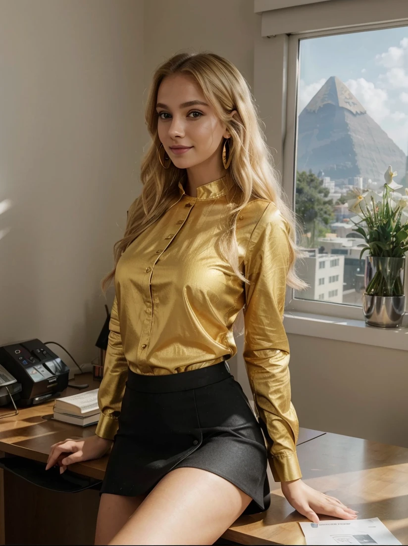 8k, RAW photo, best quality, ultra high resolution, (photorealistic), realistic photo of skinny blonde girl president, (skinny blonde girl president, 20 years old, most beautiful slavic girl in the world, slim face, blonde hair, wavy hair), in the office, modern interior, big windows, mountain view, bright light, (full body picture), (photo from the side), sitting at the desk, posing for formal picture, wearing black skirt, (black miniskirt), wearing golden long sleeve blouse, (golden blouse), wearing pyramin shaped earrings, (pyramid shaped earrings), looking at viewer, smiling, (extremely detailed CG unity 8k wallpaper), Sharp focus, (bright light)