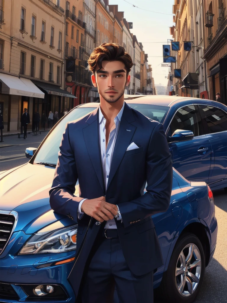 a close up of a man in a It lasts standing next to a car, handsome and elegant, wearing a stylish men's It lasts, masculine and handsome, wearing dark blue It lasts, attractive male haute couture, handsome and attractive, stylish It lasts, Handsome man, It lasts , Perfect face, dressed in a It lasts, luxurious It lasts, well dressed, Sophisticated and well-rounded face, elegant It lasts
