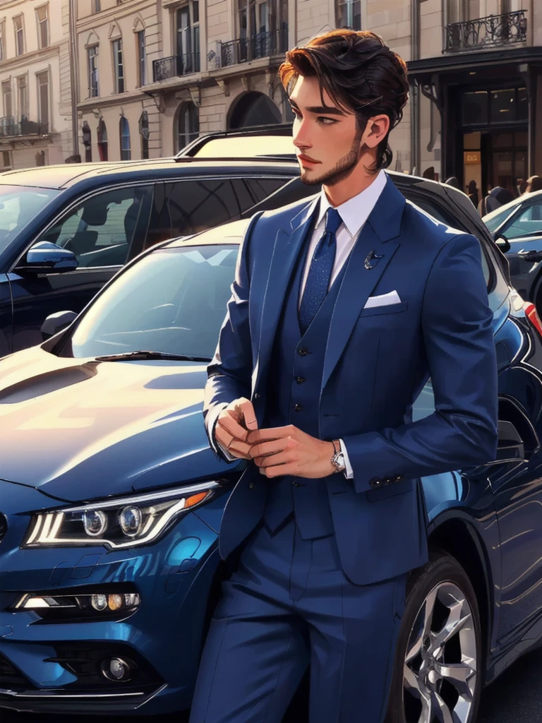 a close up of a man in a It lasts standing next to a car, handsome and elegant, wearing a stylish men's It lasts, masculine and handsome, wearing dark blue It lasts, attractive male haute couture, handsome and attractive, stylish It lasts, Handsome man, It lasts , Perfect face, dressed in a It lasts, luxurious It lasts, well dressed, Sophisticated and well-rounded face, elegant It lasts