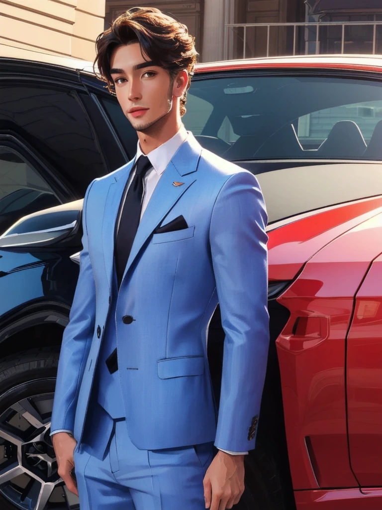 a close up of a man in a It lasts standing next to a car, handsome and elegant, wearing a stylish men's It lasts, masculine and handsome, wearing dark blue It lasts, attractive male haute couture, handsome and attractive, stylish It lasts, Handsome man, It lasts , Perfect face, dressed in a It lasts, luxurious It lasts, well dressed, Sophisticated and well-rounded face, elegant It lasts